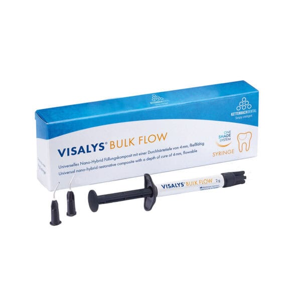 Visalys Bulk Flow dental restorative composite syringe with nano-hybrid technology for durable, flowable filling material in restorative dentistry.