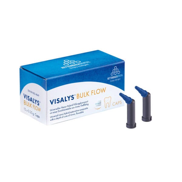 Visalys Bulk Flow dental composite capsules for reliable, flowable, nano-hybrid filling with a 4mm cure depth, ideal for restorative dental procedures.